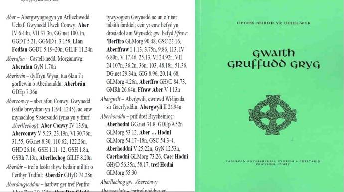 Cover of one of the volumes in Cyfres Beirdd yr Uchelwyr, along with some of the place names mentioned in the poetry.