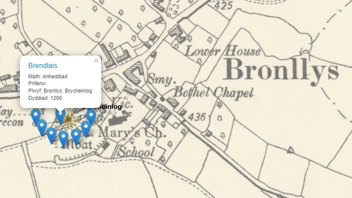 Map showing a historic form of the name Bronllys.