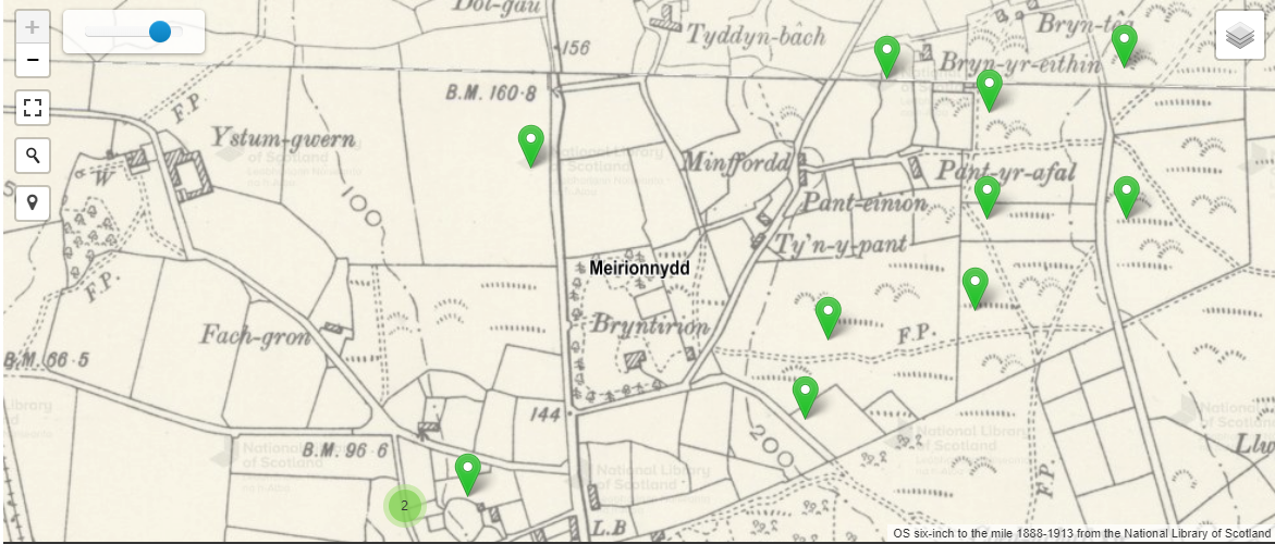 Map showing the location of field names from the Cynefin project.