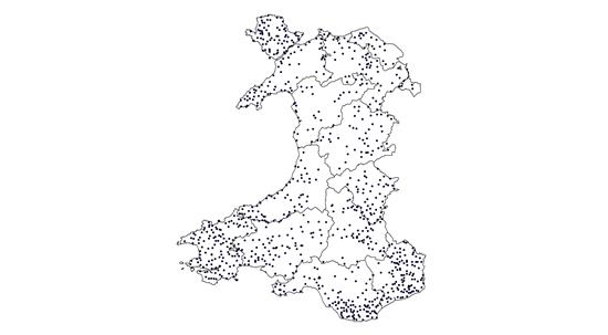 Location of Welsh parishes in c.1570.